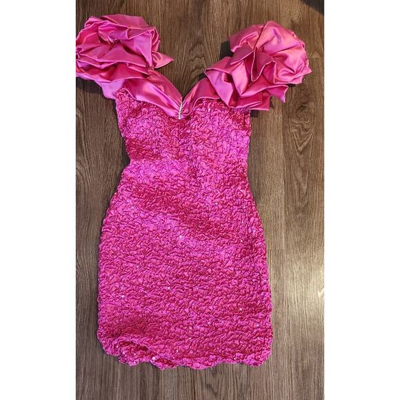 Vintage Zum Zum Hot Pink Ruffle Puff-Sleeve Mini Dress Size 5/6 Made in USA. - Picture 1 of 9